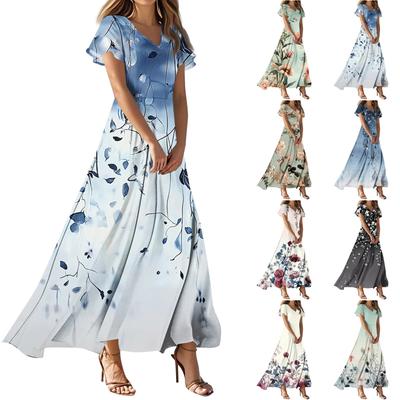 Damen Casual Mode Print Lange Kleider V-Ausschnitt Kurzarmkleider