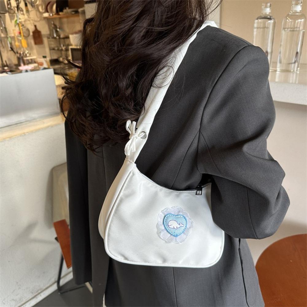 Love Pleated Strap Shoulder Bag Nylon Hobo Bag Cute Canvas Underarm Bag  Office Worker