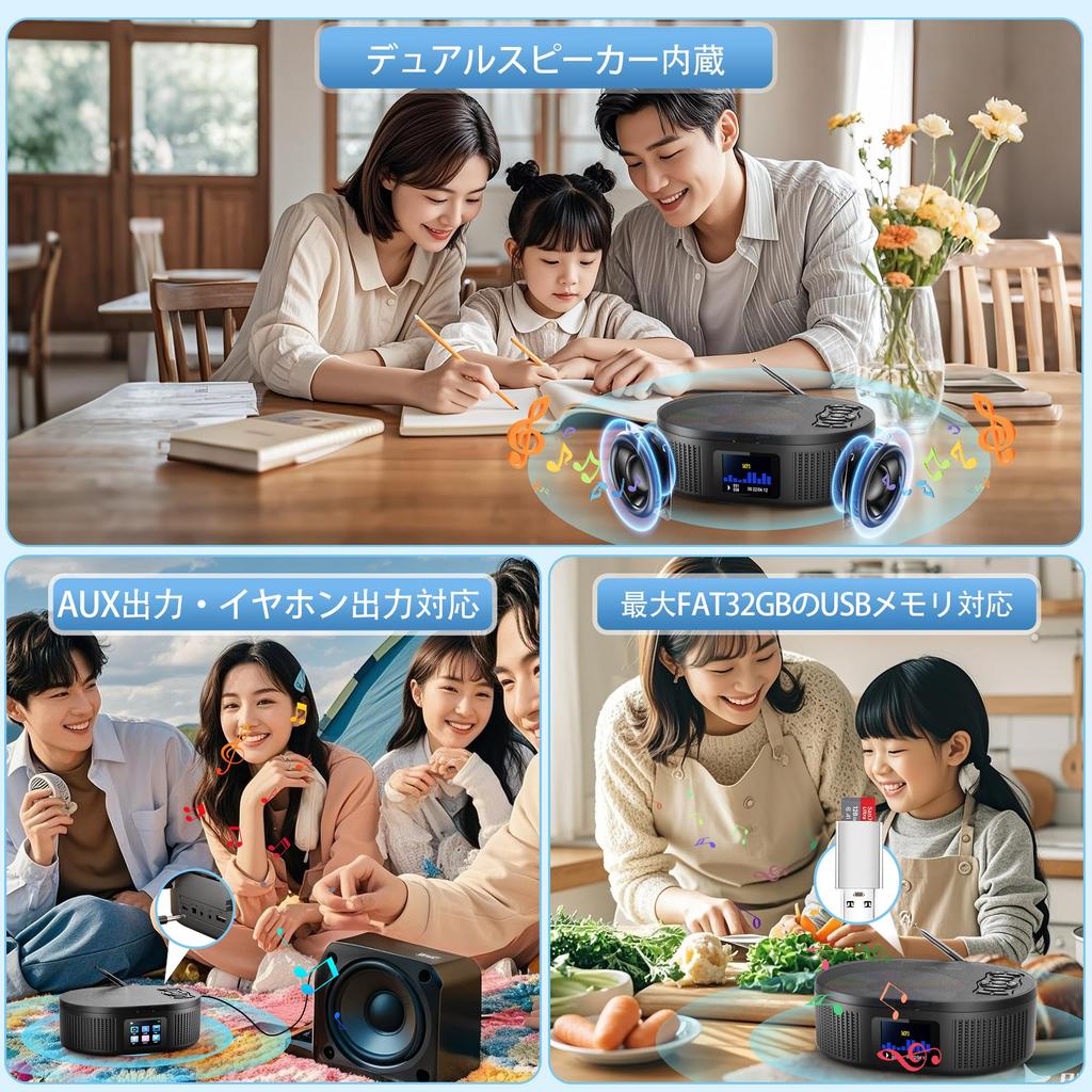 CD Boombox Player with Bluetooth, CD Radio, 3000mAh Rechargeable Battery, Built-in Dual Speakers, USB Memory & AUX Input, +10 Skip, A-B Repeat,