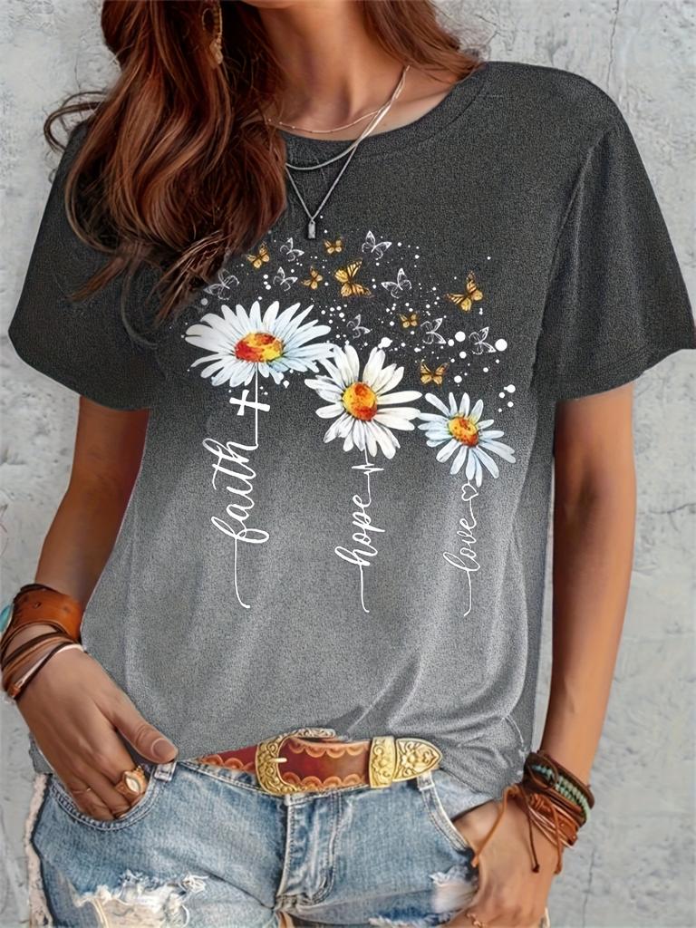 Plus-size casual T-shirt, women's short-sleeved crewneck slightly stretchy T-shirt with gradient daisy and butterfly prints