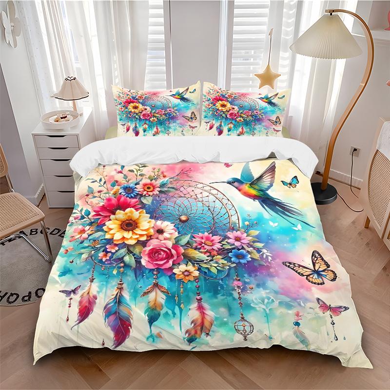 3pcs Birds Flowers Butterflies and Feathers in a Fantasy Garden Printed Quilt Set - Soft and Comfortable Quilt Cover for Bedroom, Guest Room and