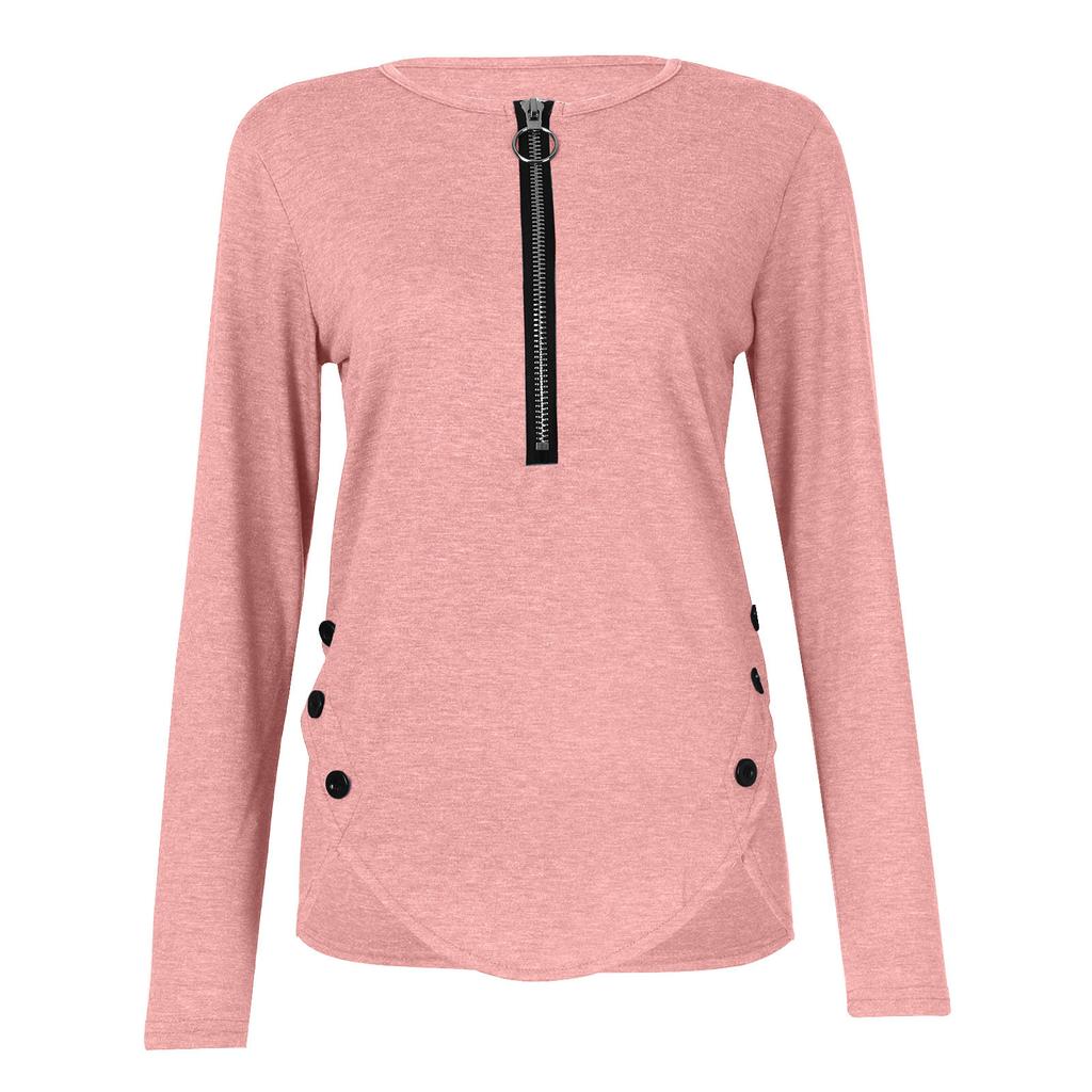 Womens Casual  Zipper Longsleeved Neck Button Tshirt Top
