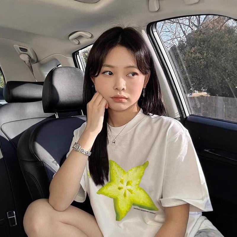 Ladies Summer Short Sleeve Round Collar Pullover Casual Starfruit Printed Teenager Oversize T Shirt Top
