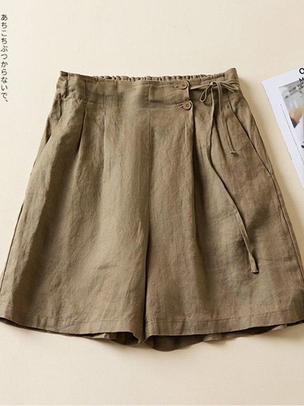 Plus Size Retro Solid Color Cotton Wide Leg Capris - Casual Linen Shorts for Women