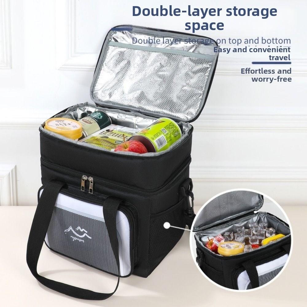 Doppelschichtige Lagerung Isolierte Lunchbox Große Kapazität Verstellbarer Riemen Lebensmittel Thermosack Frischhalte Oxford Picknicktasche Reisen