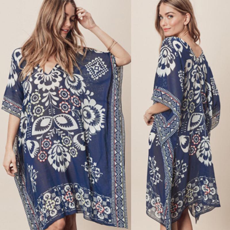 Navy Blue Floral Chiffon V-Neck Bikini Cover-Up Dress for Women