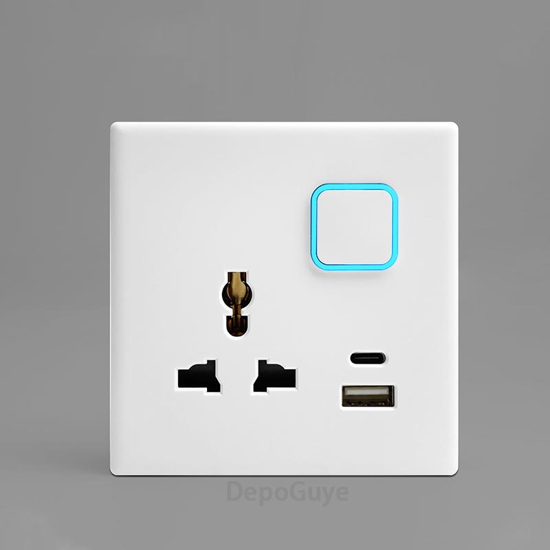 White 1 2 3 4 Gang Button Light Switch Panel Blue LED Indicator,UK Standard Wall Socket Universal Dual 3Pin USB C Power Outlet