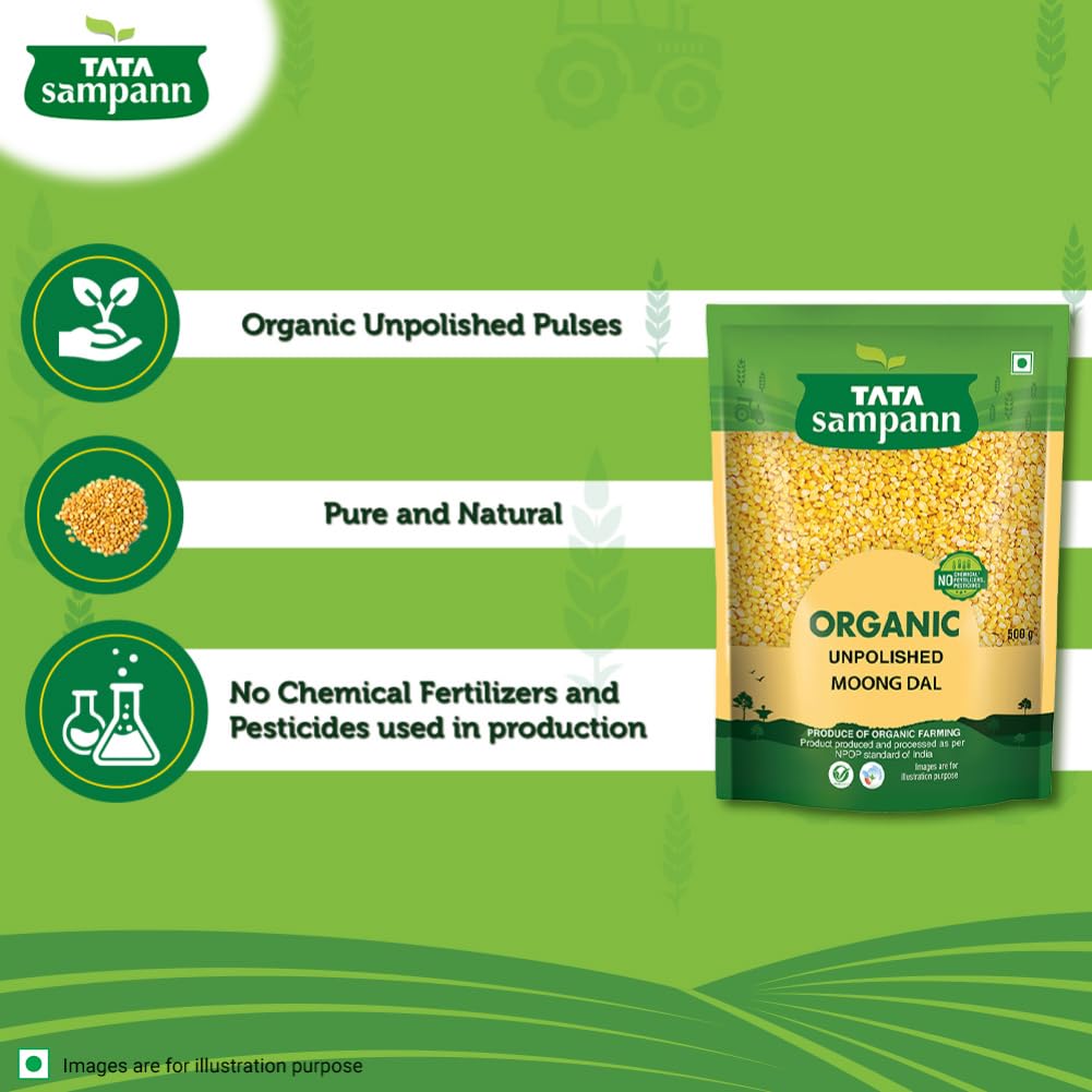 TATA Sampann Organic Unpolished Moong Dal 500g, High Protein Dietary Fiber Lentils For Healthy Recipes