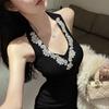 Rhinestone V-neck Spaghetti Strap Elegant Bodycon Dress - Women's Autumn/Winter Sexy Figure-Flattering Halter Neck Skirt