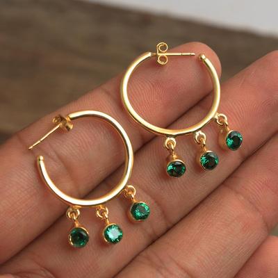 Hoop Earring Yellow Gold Plated Green Cubic Zirconia 925 Sterling Silver Handmade Jewelry