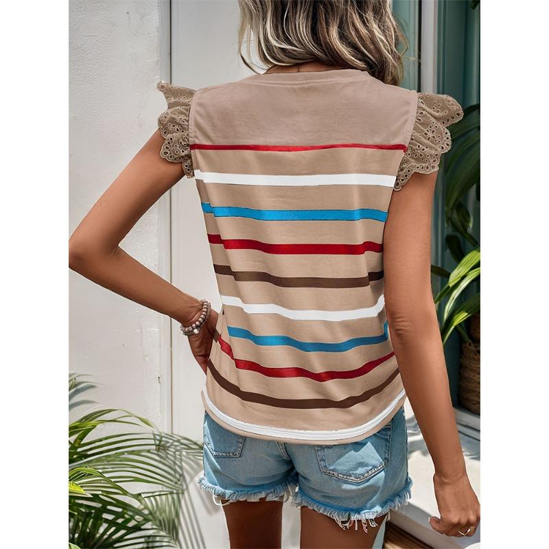 JKASHDK Women's Fashion Casual Summer Spring Stripe Print Short Sleeve O-Neck Blouses & Shirts