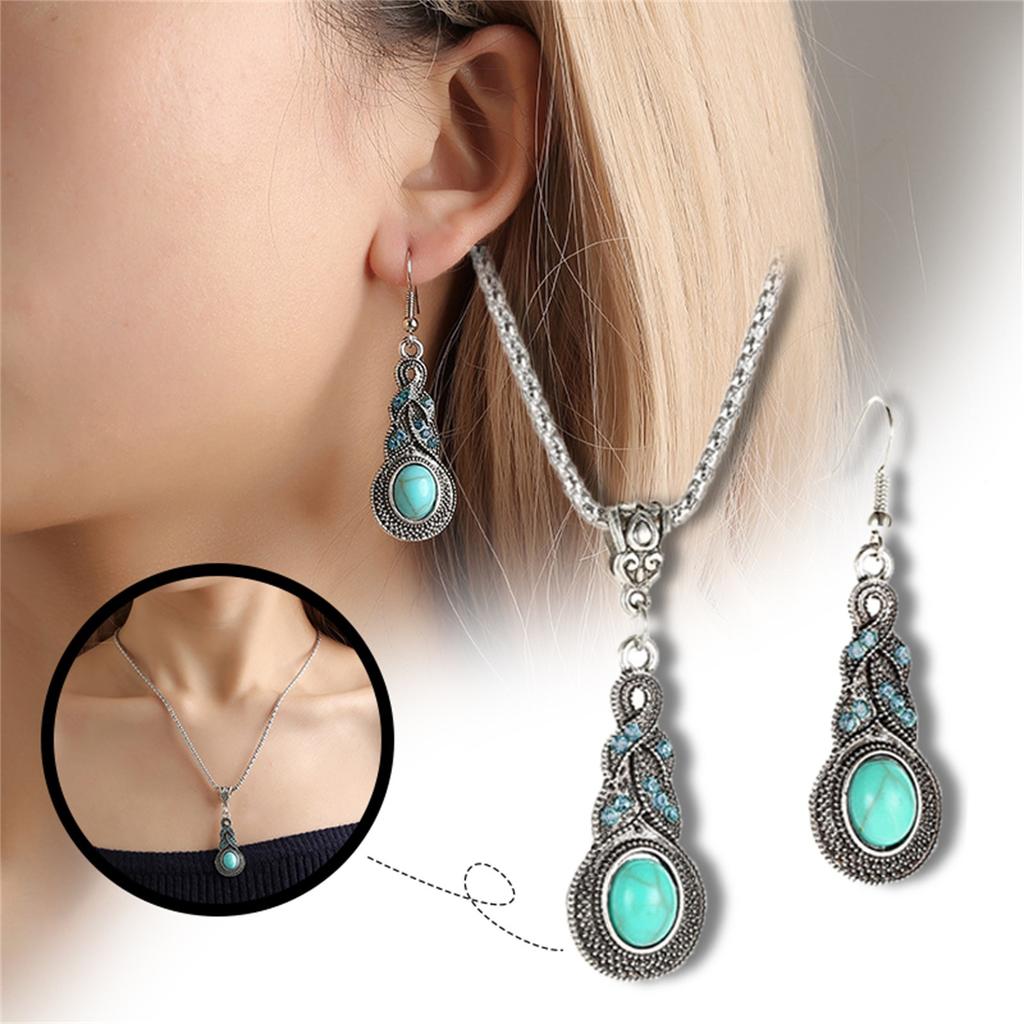 Women Water Drops Green Turquoise Chunky Pendant Necklace Earrings Set
