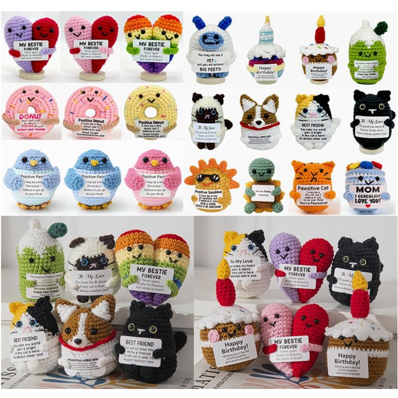 Hand-Woven Crocheted Ornaments Positive Energy Birthday Cake With Hugging Blessing Card Gifts Cute Animal Cat Doll Ornaments