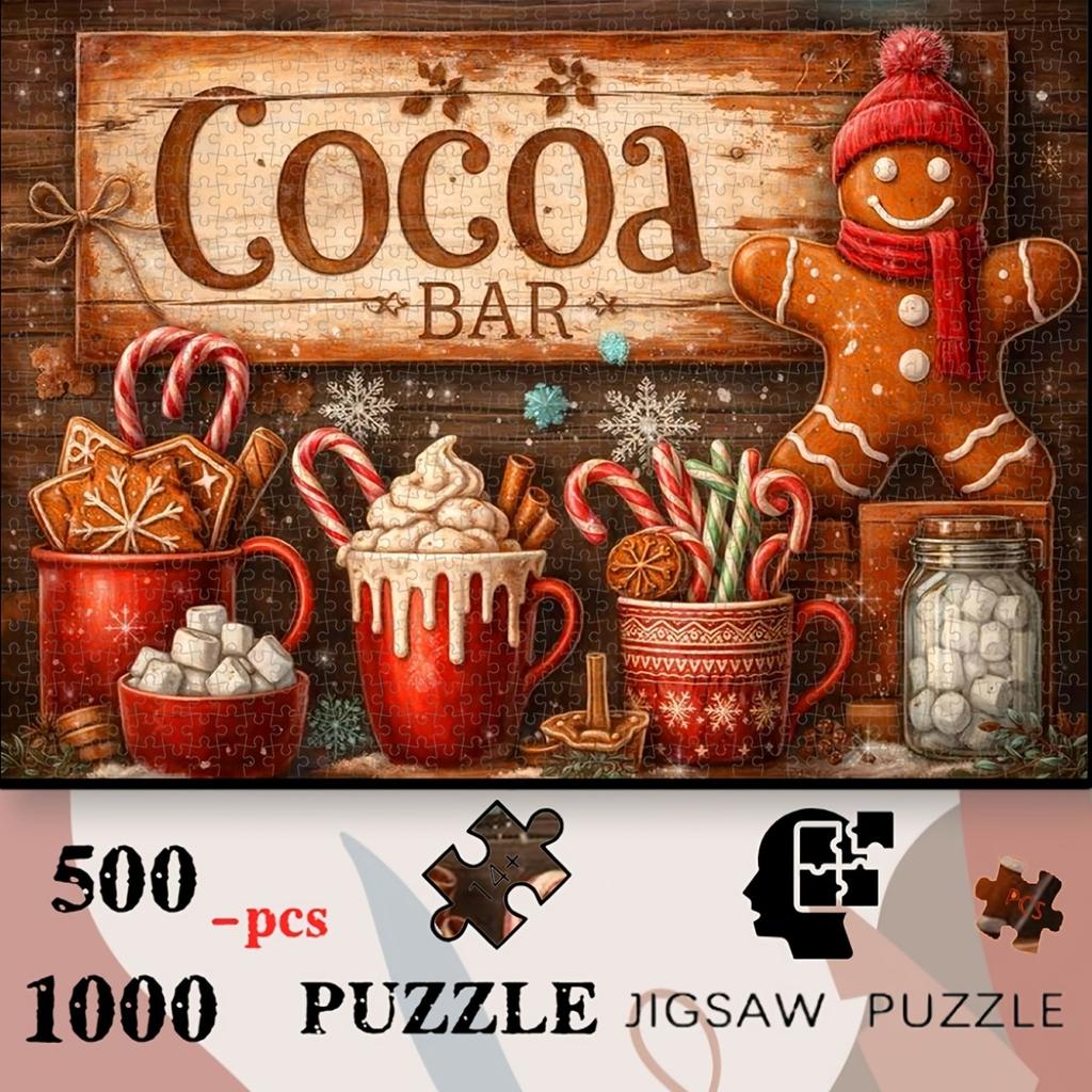 500pcs/1000pcs Gingerbread & Hot Cocoa Themed Jigsaw Puzzle | Cozy and Calming, High-Quality Cardboard, Ideal for Tabletops and Outdoor Use, Perfect f
