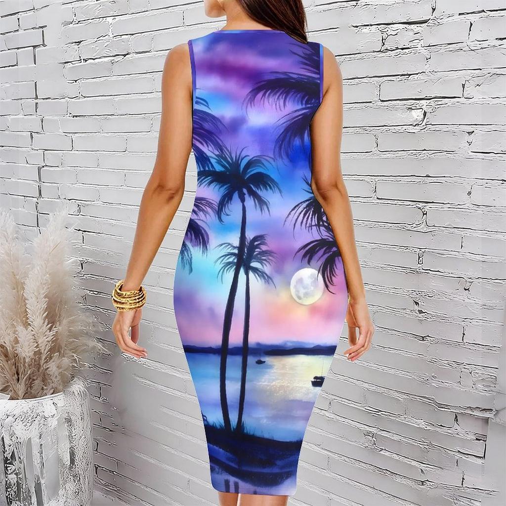 Women Plus Size Sleeveless Round Neck Midi Bodycon Dress Black Ocean Shell Seahorse Print Slim Fit Dress