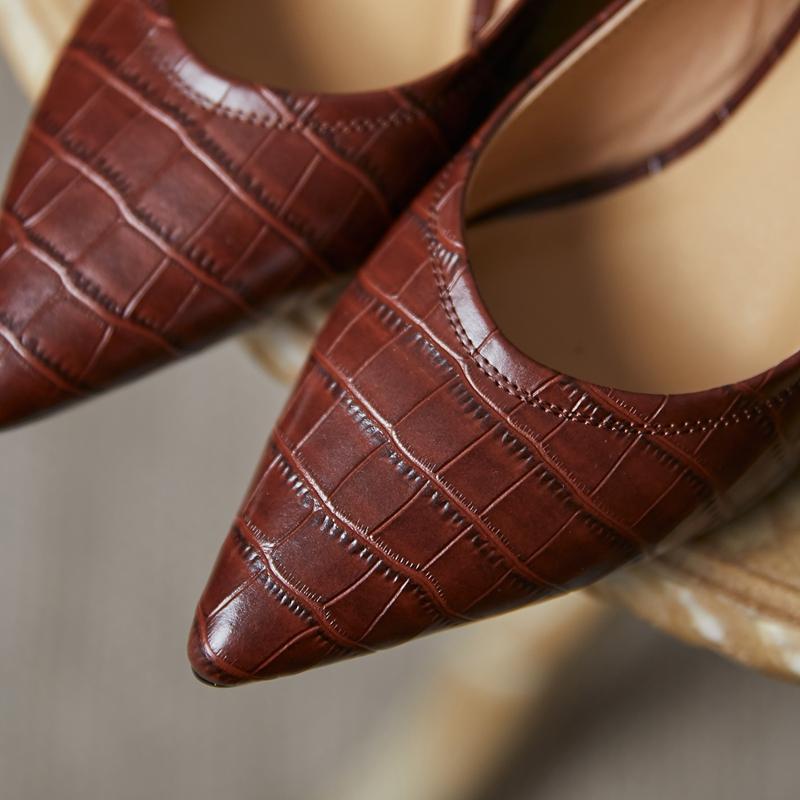 Fashion Women's New Spring and Autumn Vintage Pointy Snake Pattern Genuine Leather Cowhide Mid Heel Large Work Single Shoes