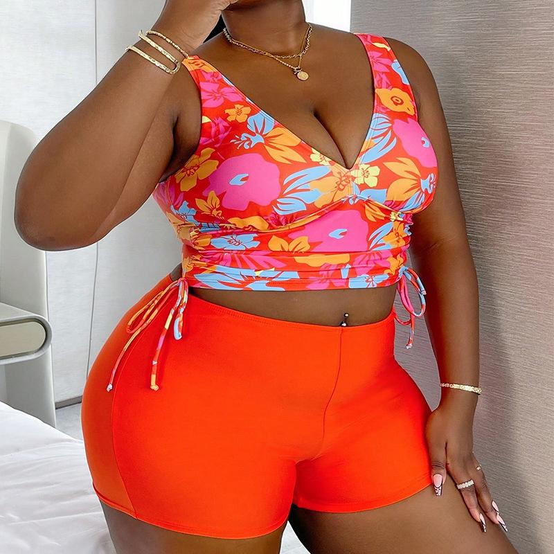 TS JYL-SW321 Floral Drawstring V-Neck Suit, Conservative Boyshort Plus Size Swimwear S