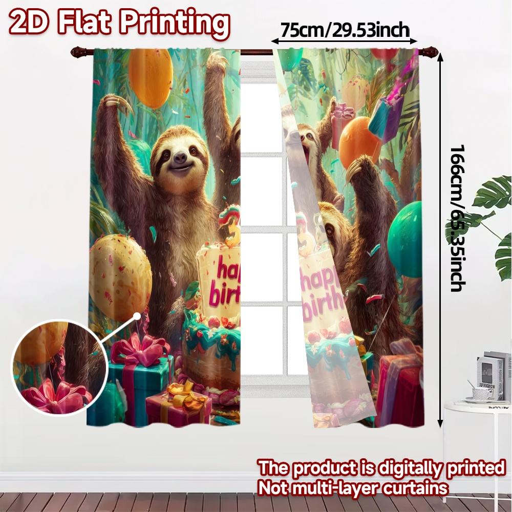 2pcs, 2D FLAT PRINTING Curtains (Without Rod) Sloth Party Time Chic Curtain Cloth Prints Light Filtering Curtains Thermal