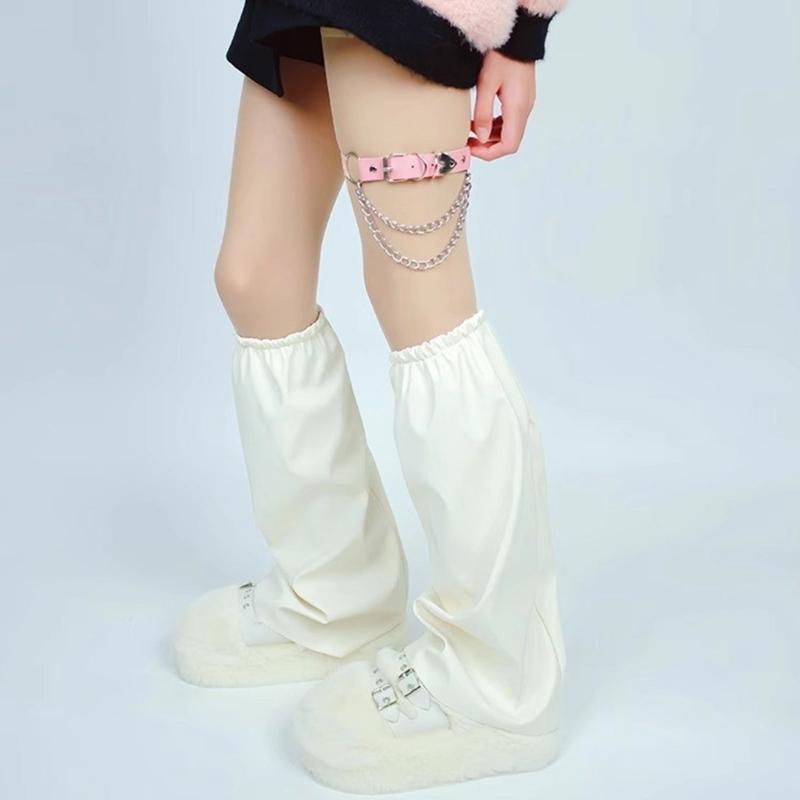Women's Harajuku Faux Leather Flared Leg Warmers and Over Knee Socks Garter Belt Set for Punk Girls Japanese Streetwear