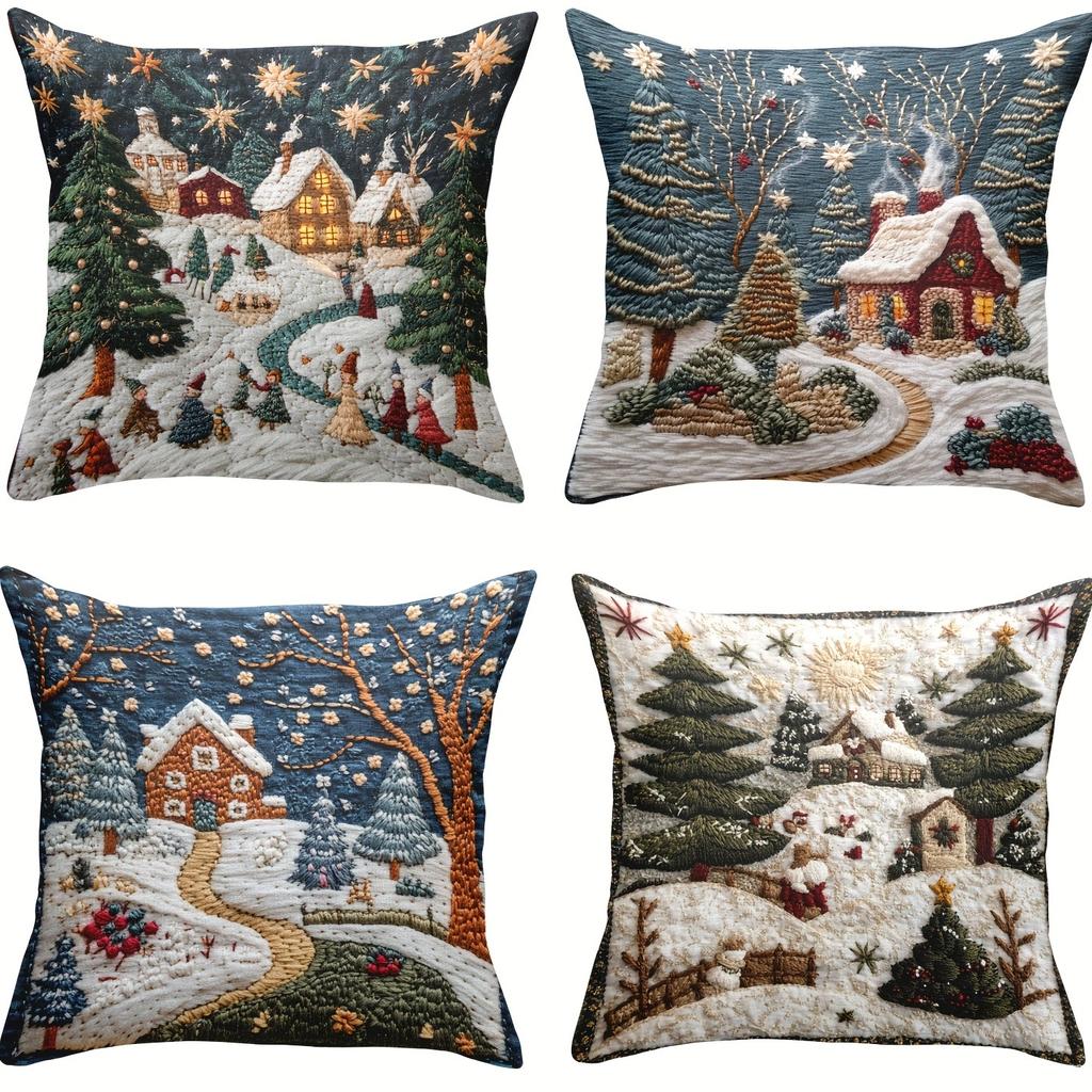 Christmas Snow Pillowcase: Embroidered Dream Cabin and Bright Starry Sky New Year Home Decoration 2d Flat Printing