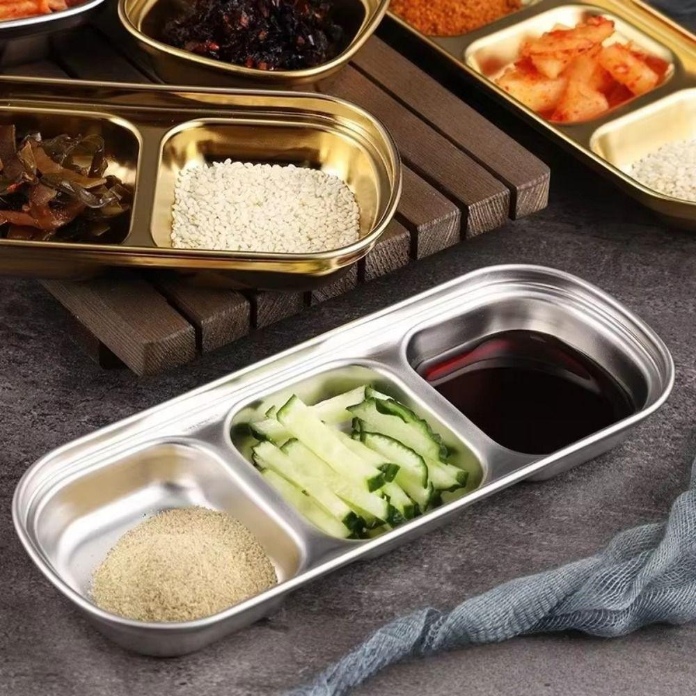 2Pcs 2/3/4 Grid Seasoning Dish Stainless Steel Sauce Plate  Restaurant Use
