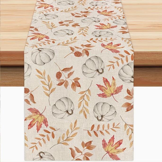 Autumn Leaves Pumpkin Table Runner: Linen Thanksgiving Decoration for Kitchen & Dining