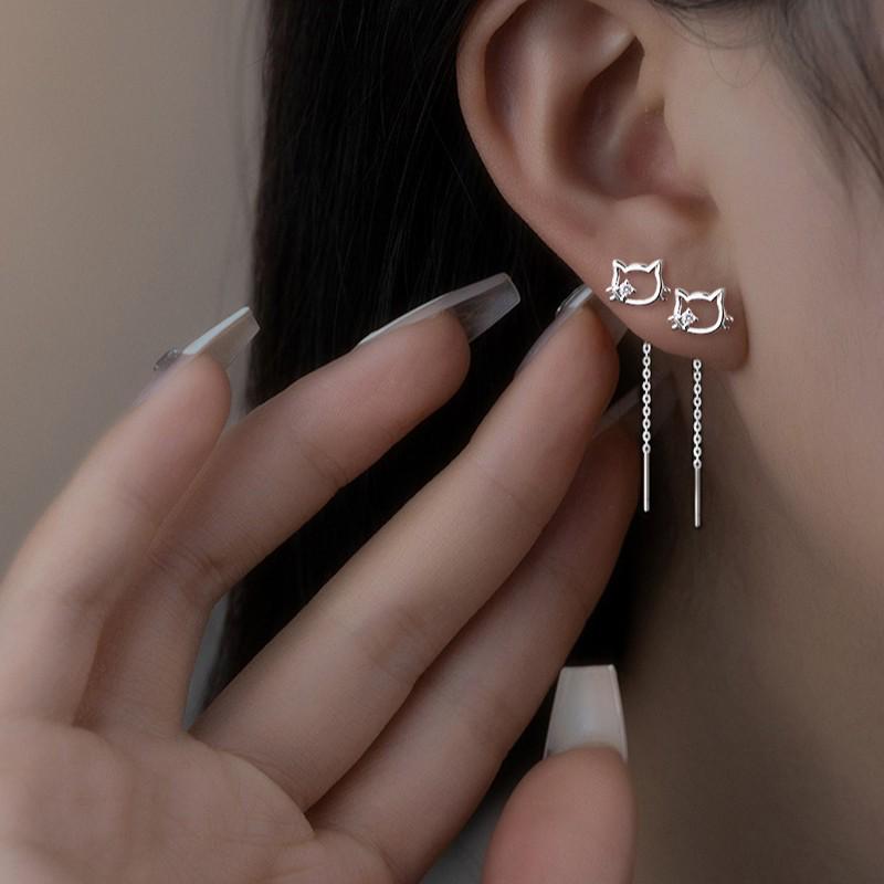 Trendy Cat Ear Tassel Earrings with Single Diamond and Hollow-out Design