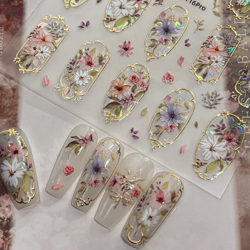 5D Embossed Flower Nail Art Stickers Glitter Laser Petal Self Adhesive Nail Slider Decals Decorations Accessories Diy