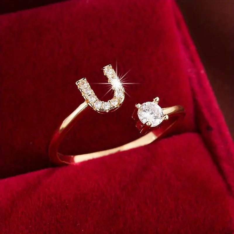 26 English Letter Micro-set Zircon Fashion Women's Ring, Copper-plated 14K Open Plain Ring