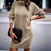 Women Autumn Winter Knitting Dress Turtleneck Long Sleeve Twist Texture Pullover Mini Dress Solid Color Thickened Warm Loose Dress