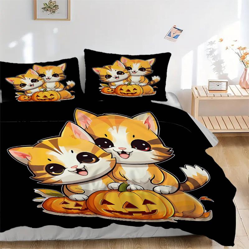 3pcs Two Kittens & Halloween Pumpkin Quilt Cover Set, Polyester Fabric, All-Season Comforter Set For 1 Quilt Cover & 2 Pillowcases