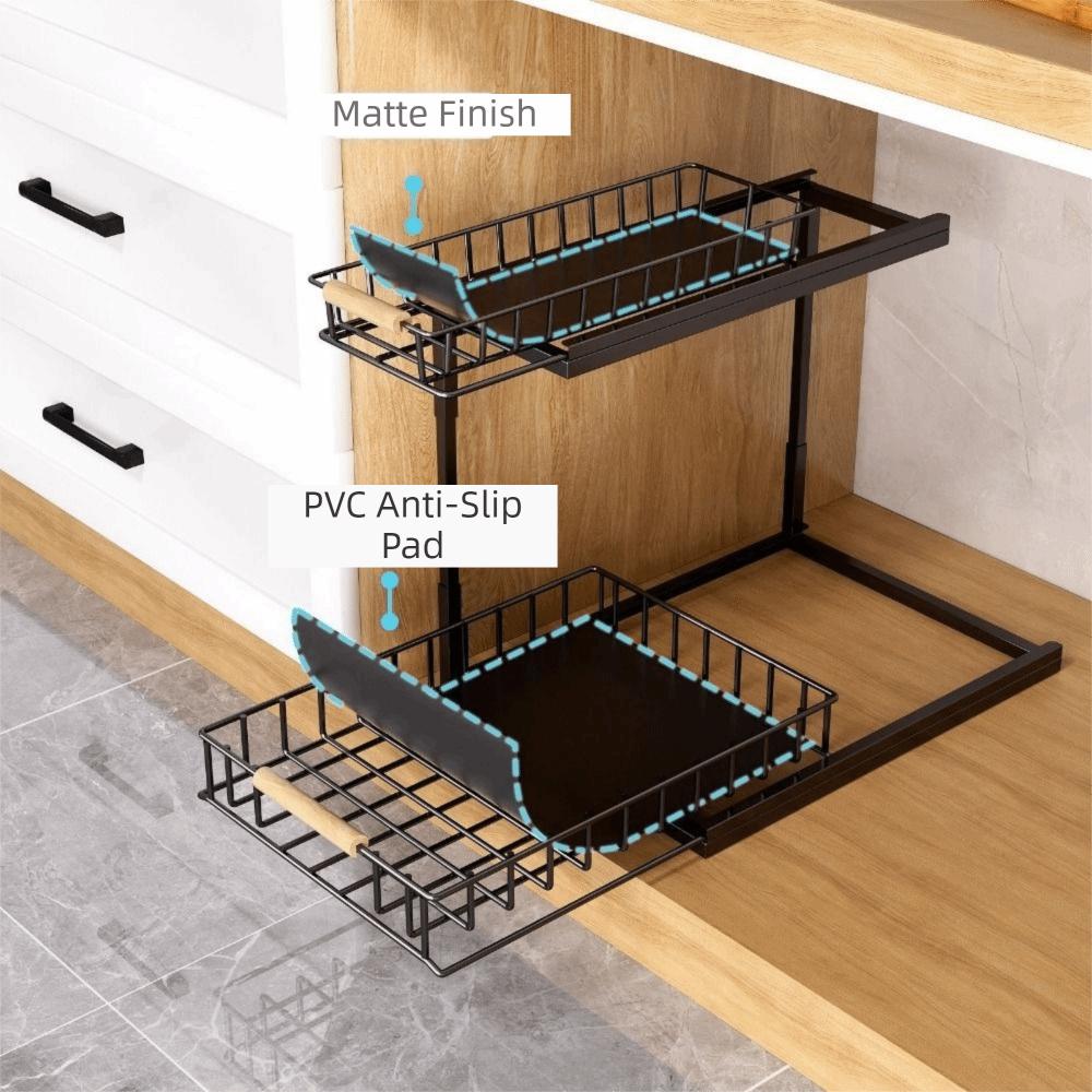 Large Capacity 2-Tier Under Sink Organizer Carbon Steel Slide Out Cabinet Storage Shelf  Bathroom
