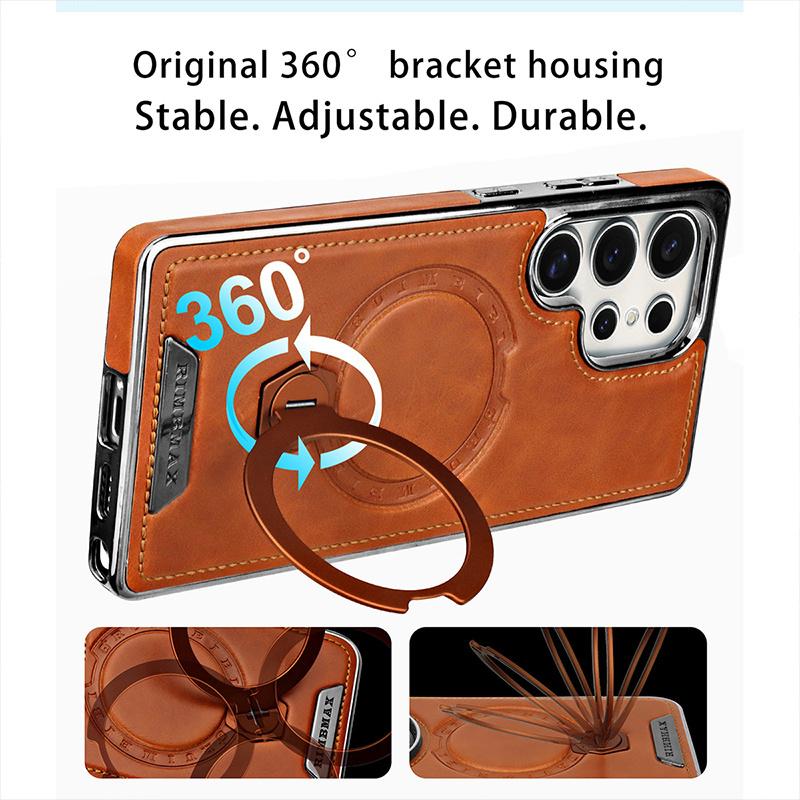 Magnetic Rotating Bracket Luxury Leather Phone Case For For Samsung Galaxy S23 S24 S25 Ultra Plus Wireless Charging Shockproof Cover