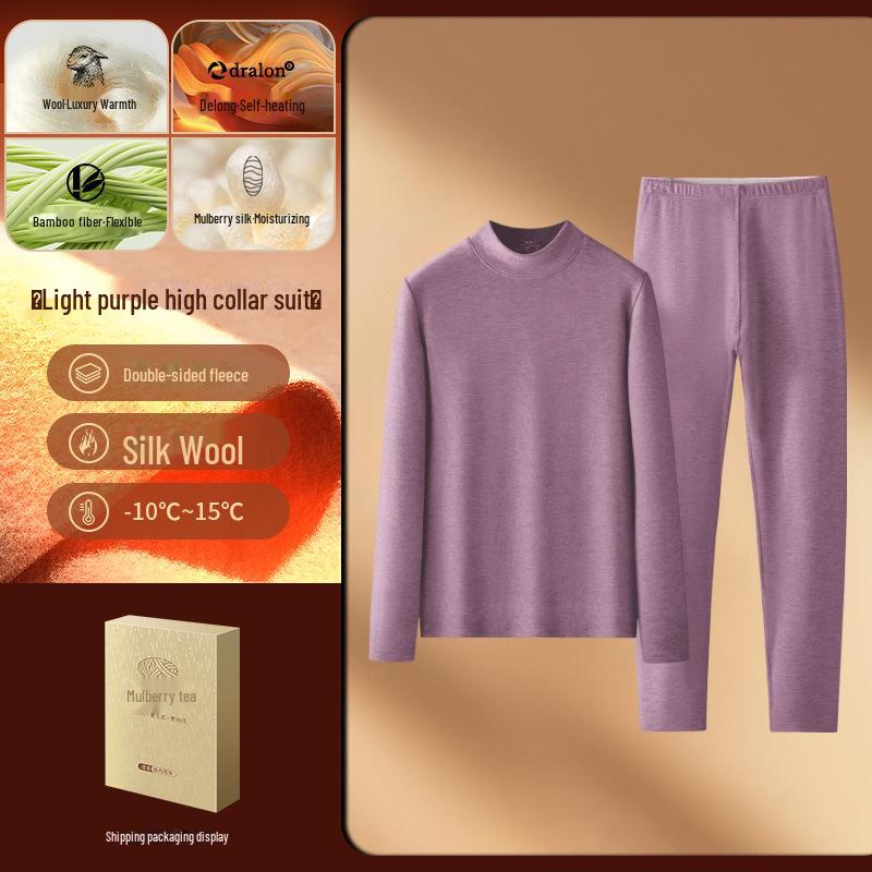 Women's Silk Wool Velvet Thermal Underwear Set - Half-High Collar Top & Pants for Autumn/Winter