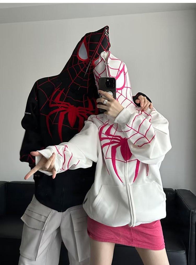 American Spider Embroidered Zip-Up Hoodie Men Women Oversize Hooded Sweatshirt Fall Couple Jacket