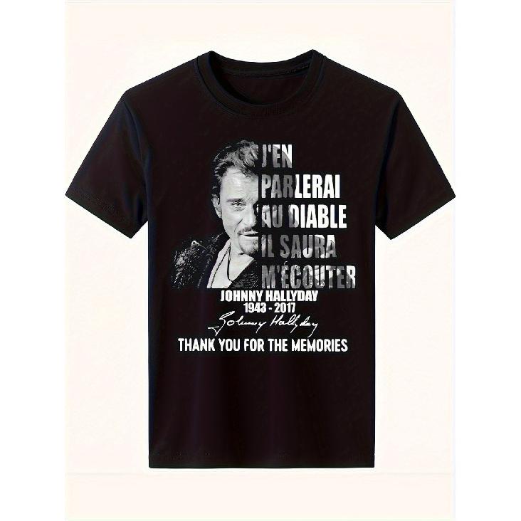 Men's Johnny Hally Vintage Rock 'n' Roll T-Shirt - Distressed French Text & Iconic Signature Print, Retro Music Tee for Casual Wear, Machine Washable