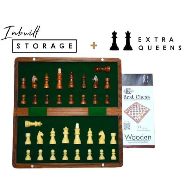 Wooden Handcrafted Foldable Magnetic Chess Board Set with Magnetic Pieces and Extra Queens for 2 Players Kids and Adults