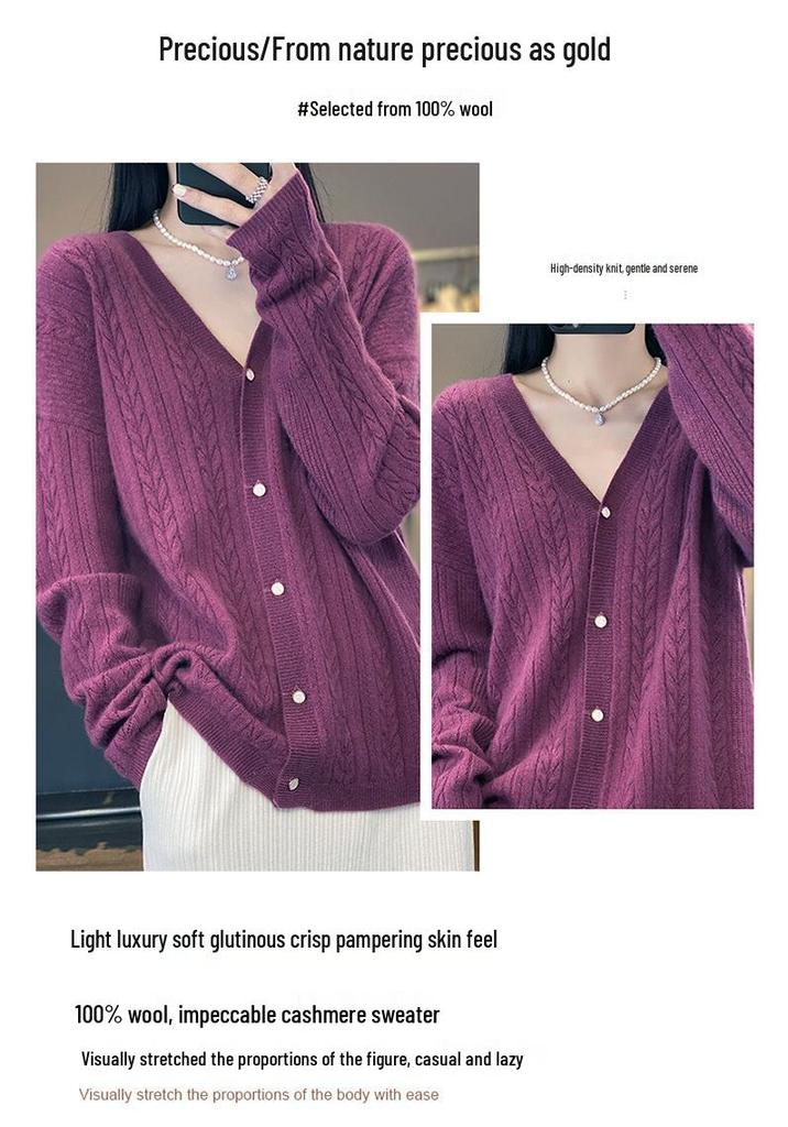 Damen Herbst Winter V-Ausschnitt Wollstrickjacke Pullover - Langarm, Stilvolles Hohlstrickmuster