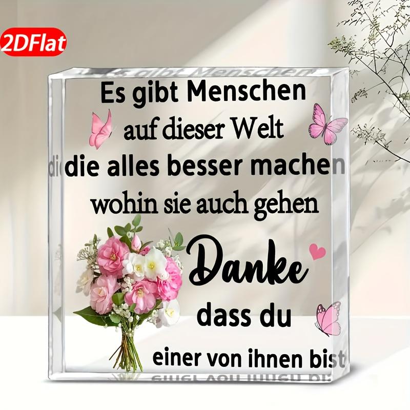 1 German Thank You Plaque - Elegant Gratitude Decor with Floral and Butterfly Patterns, Transparent Acrylic Tabletop Ornament for Birthday