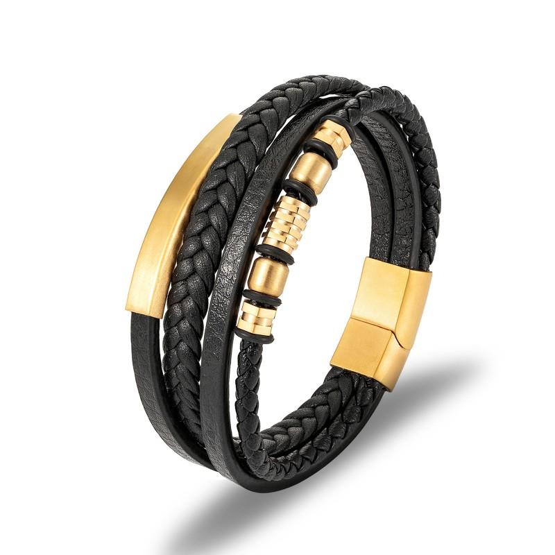 Stainless Steel Mens Braided Leather Wrap Bracelet Geometric Design Cycling Safety Accessory
