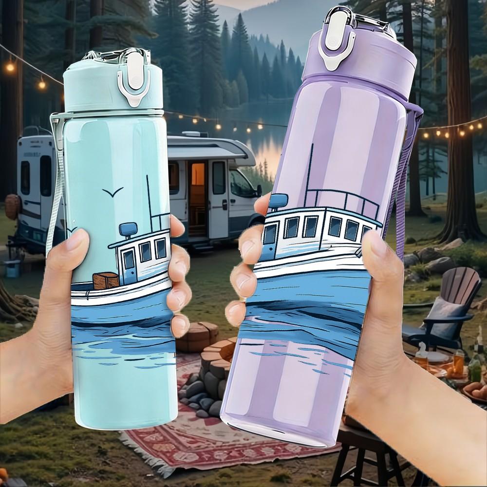 1PC Retro Sail Boat Ship 750ml Color Plastic Sports Water Bottle Leakproof Flip Straw Lid Suitable for Sports Office Home Use