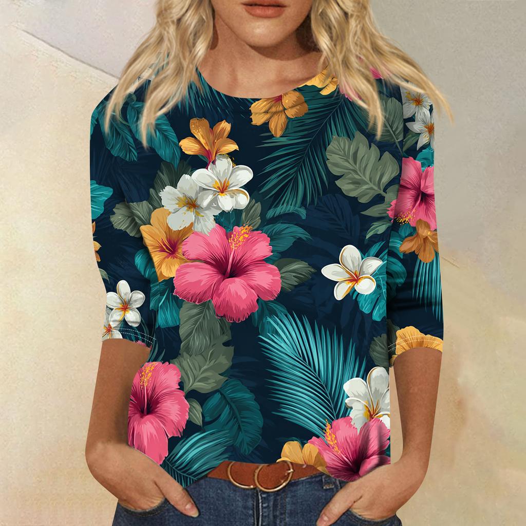 Damen Frühlings-Oberteile Rundhals 3/4 Ärmel Sommerhemden für Damen Lässig Bedruckt Locker Geschnitten Damen Sommerhemden
