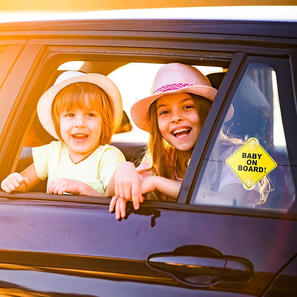 Cobee Baby On Board Car Warning Signs, 2 Pcs 5"X5" Safety Car Sign With Double Suction Cups, Baby In Car Sticker For Car Window Cling Reusable