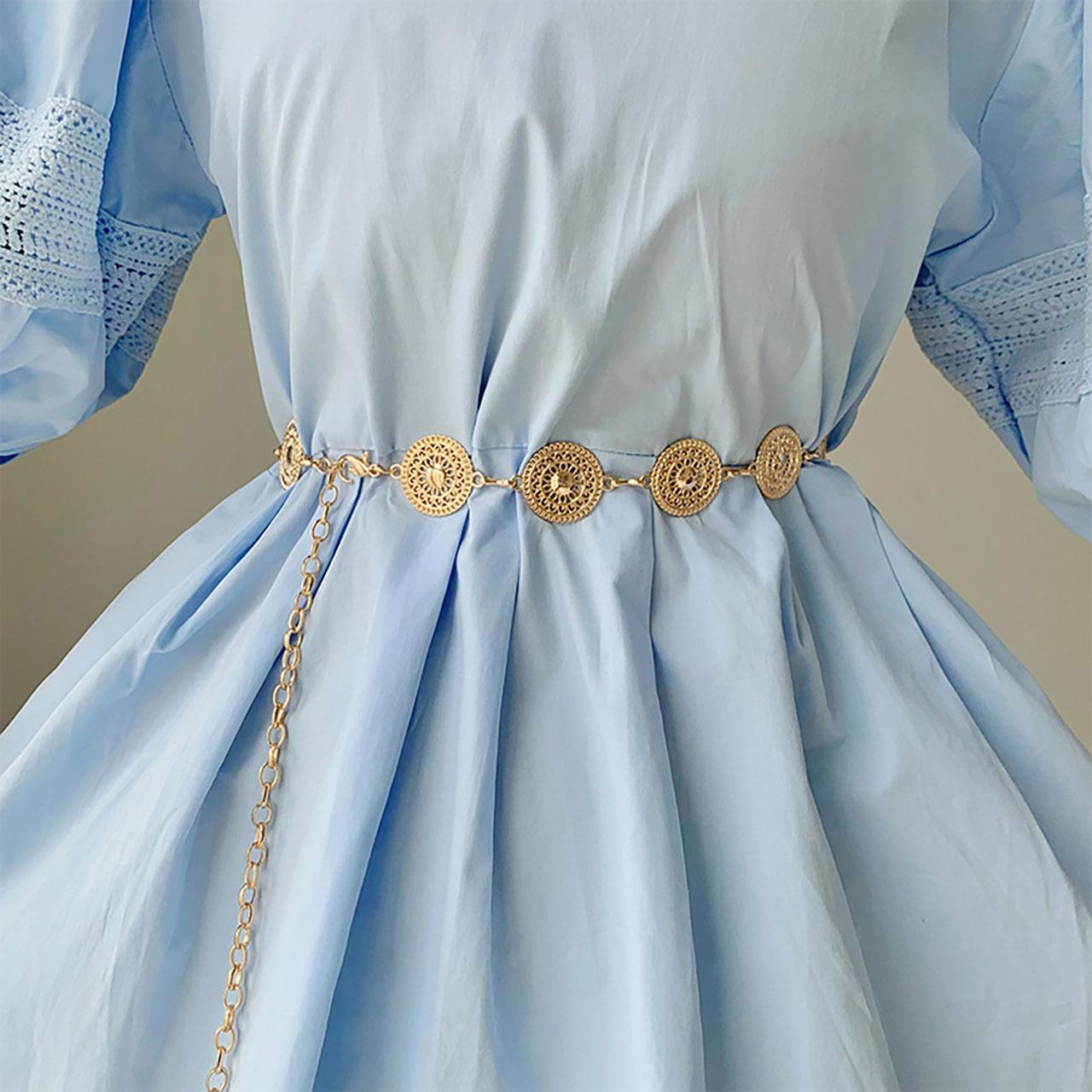 

Women Hollow Out Round Metal Belt Gold Silver Carved Long Adjustable Chain Belts Elegant Lady Girl Dress Coat Decorative Strap золотий