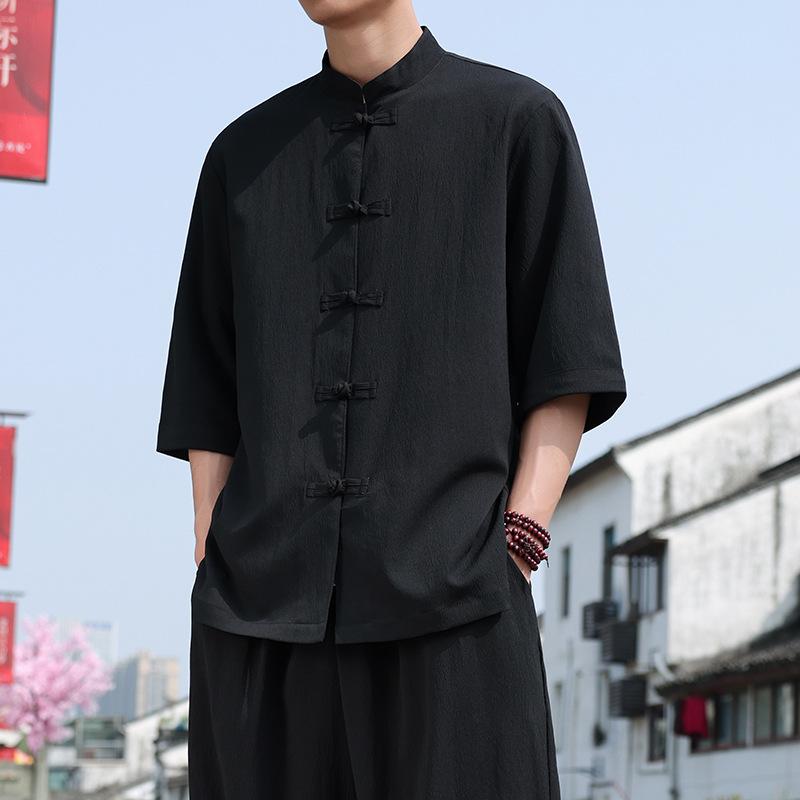 Koszula męska w stylu chińskim, letnia, z guzikami w kształcie dysku, z rękawami trzy czwarte, swobodna, ze stójką, w jednolitym kolorze, w dużych rozmiarach