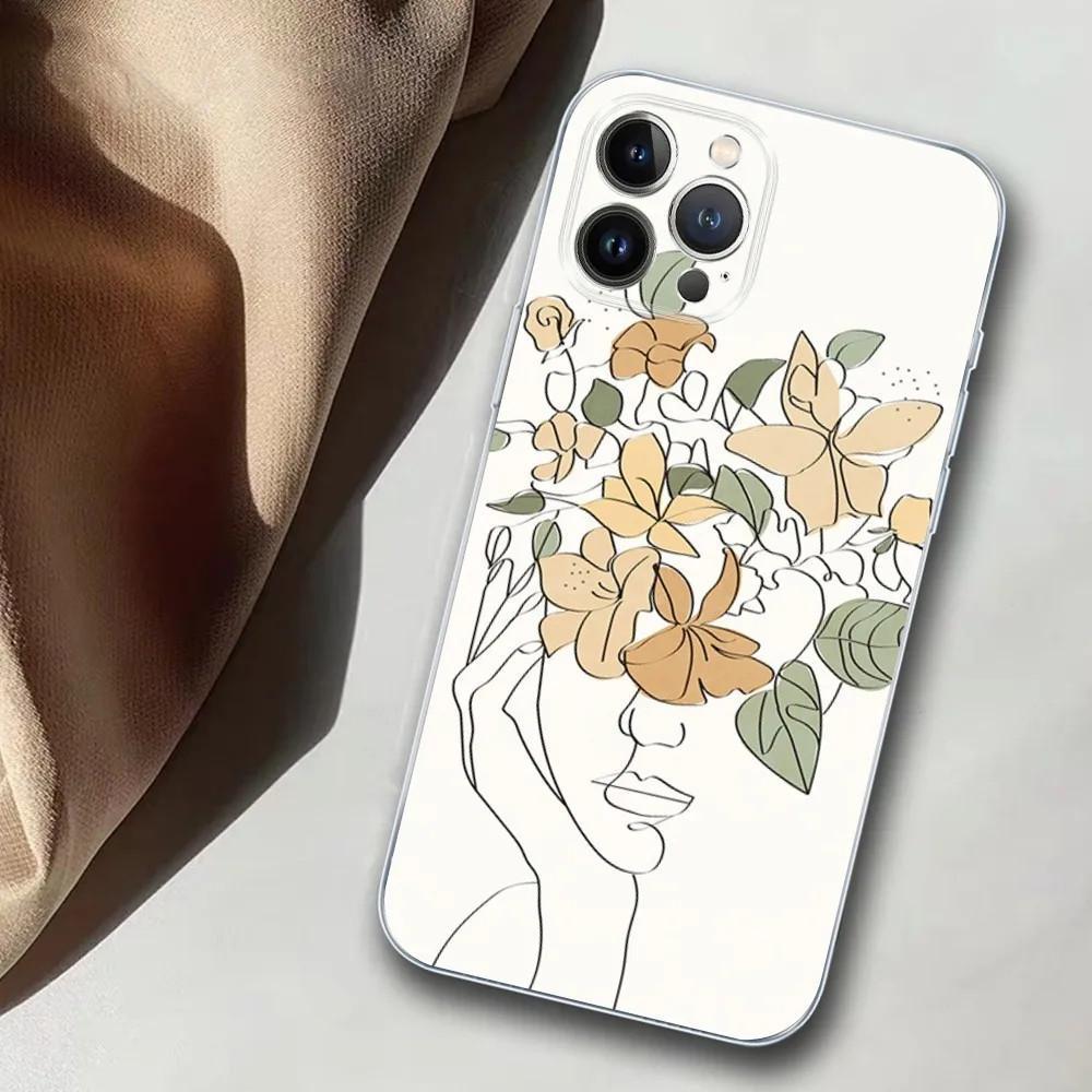 Apple IPhone15ProMax Mobile Phone Case Line Art Girl Mobile Phone Case Hair Painting Anti-drop Huawei Three