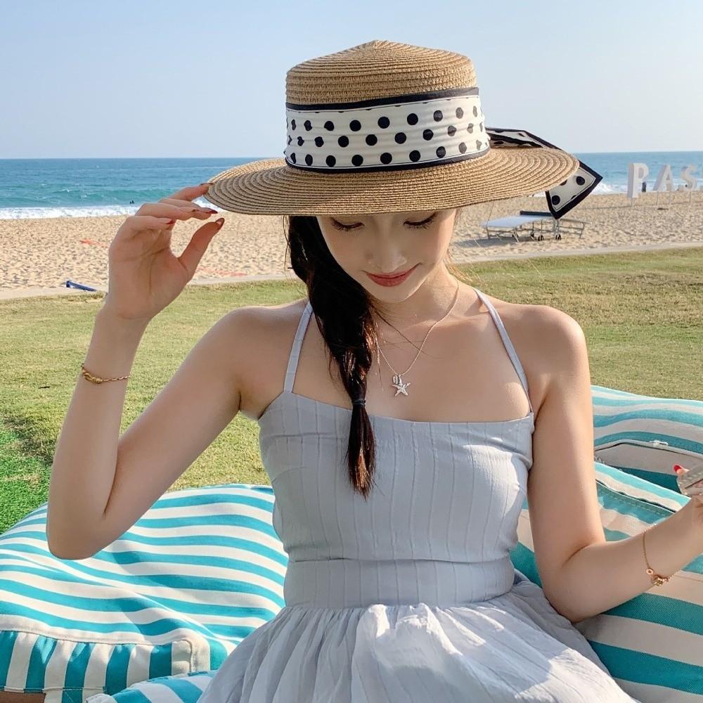 Straw Weaving Beach Straw Cap Elegant Wide Brim Hat Vacation Sun Protection Cap  Travel Use
