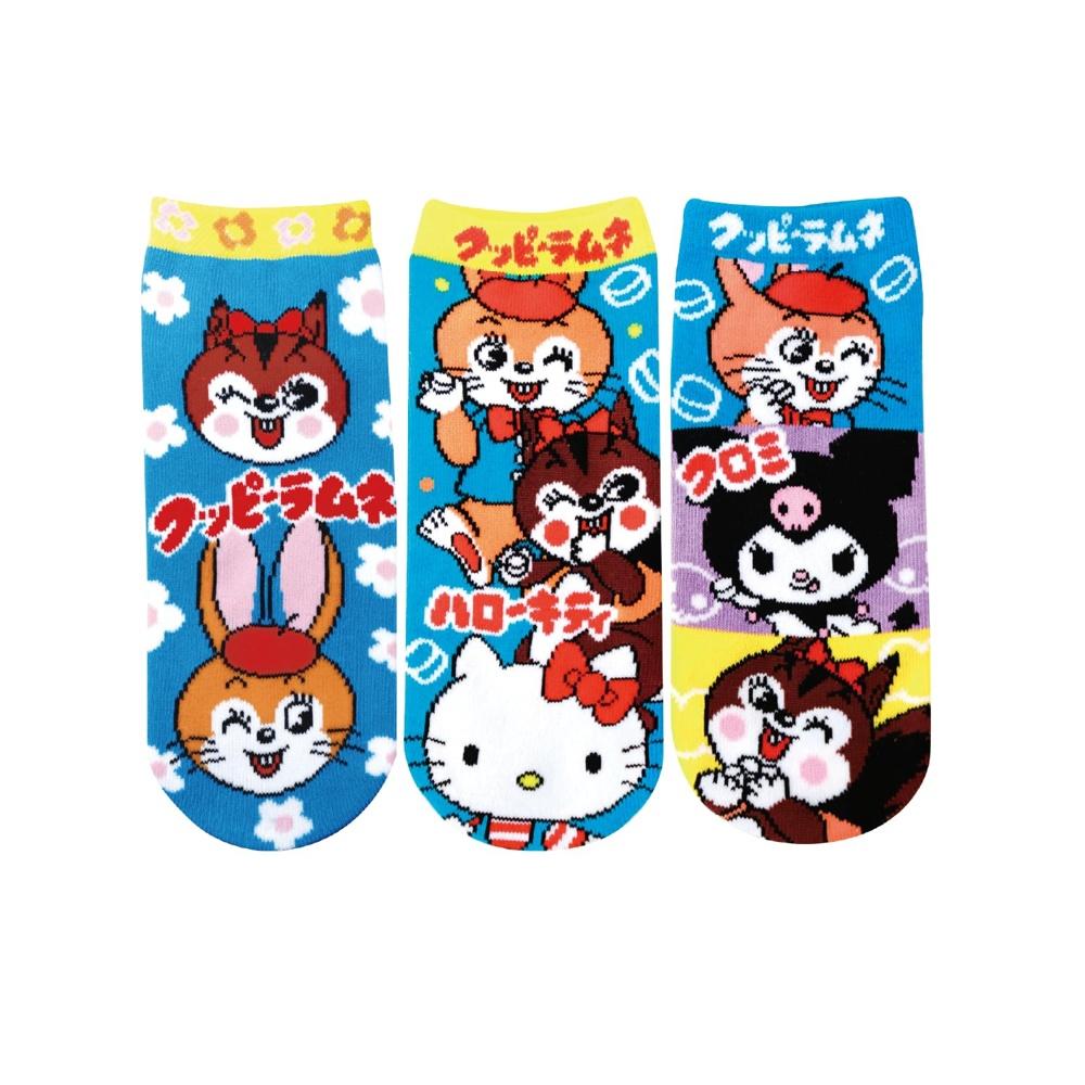 3-pair socks set Kuppy Ramune x Sanrio Characters Vivit Hello Kitty/Kuromi/Face