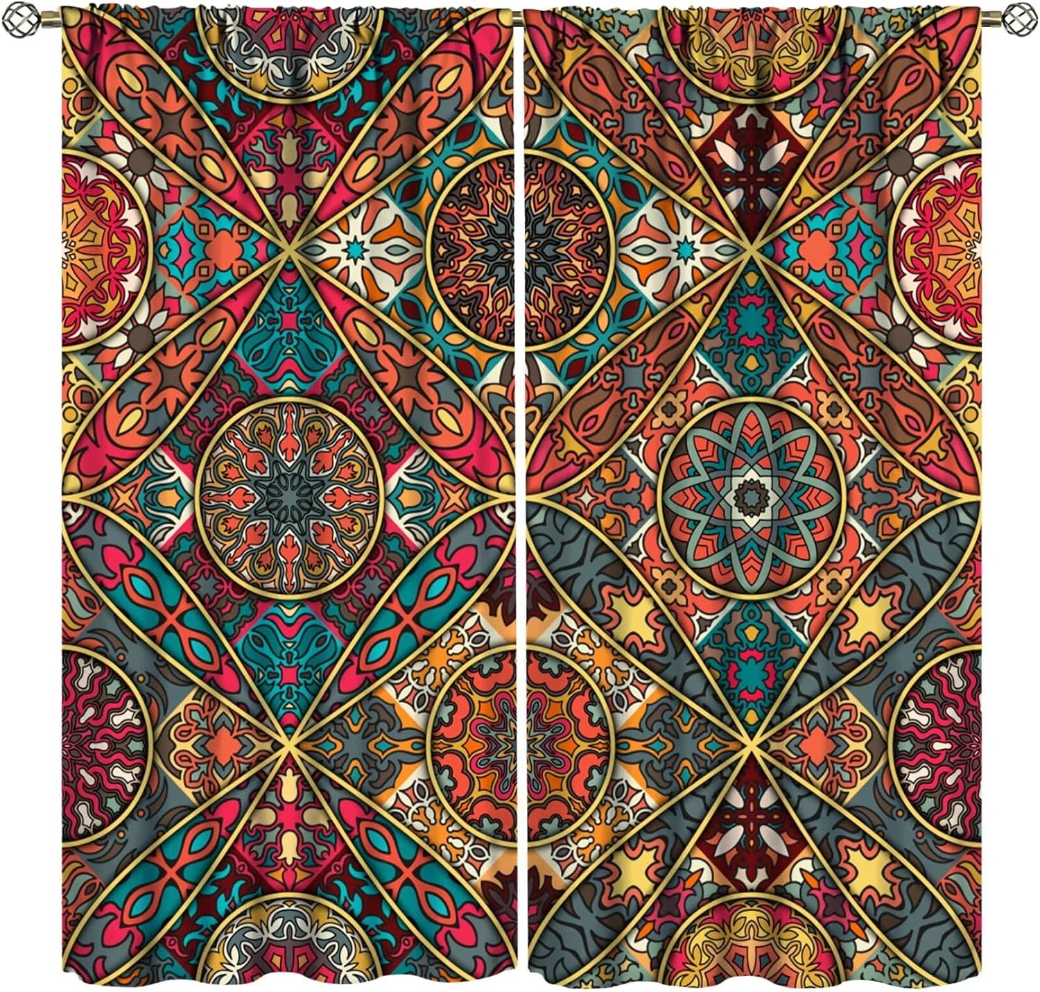 

Юго-Восточная Азия Тайские цветочные полузатемняющие шторы Красочные Бохо Мандала Шторы Декор Спальня Гостиная Оконные Шторы (W50H130cm)-2pcs&Hook