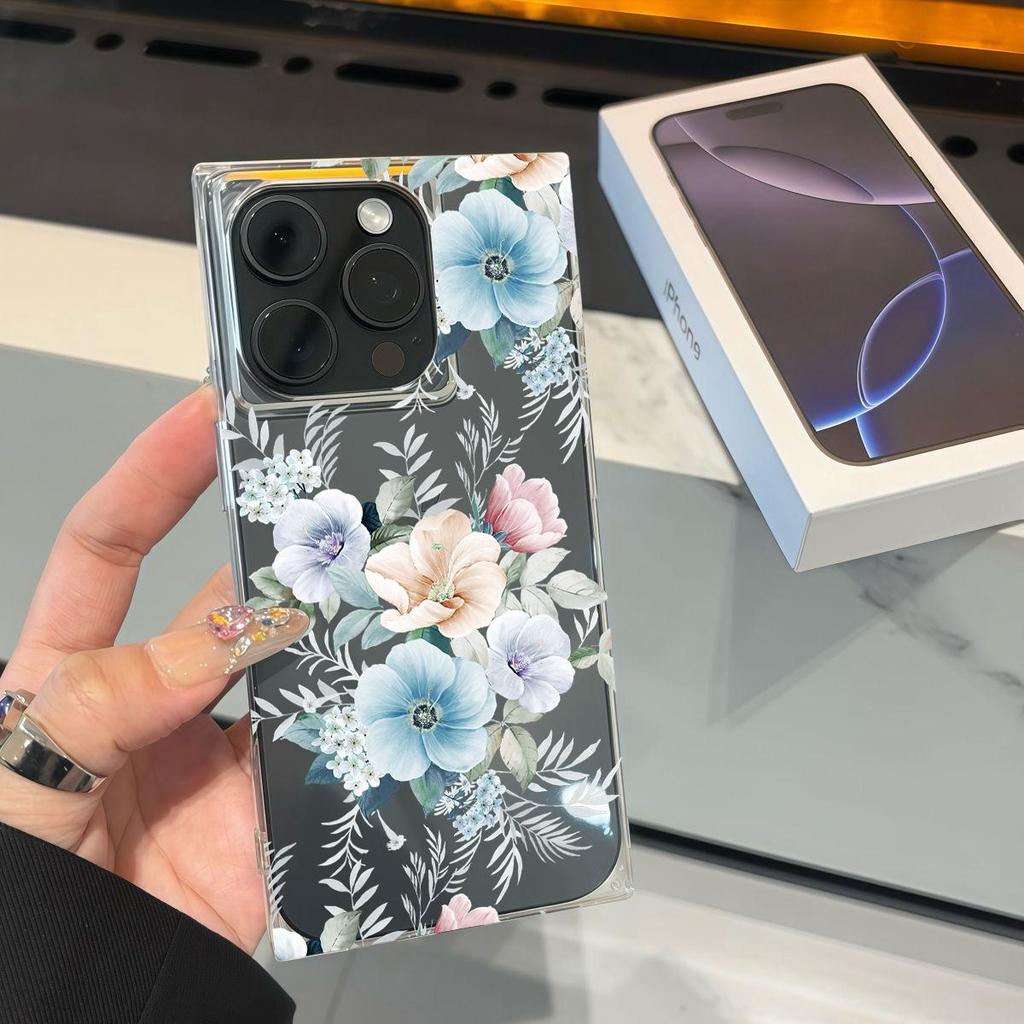 Clear Square Back Tube Case Protection For iPhone 16 ProMax 14 Pro Max 15 Plus 12 13 11 Anti-Oxygen,Pinkish-Blue Flowers Pattern Casing